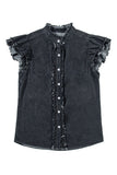 Beau Blue Button Front Ruffled Flutter Frayed Denim Top