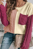 Rose Tan Colorblock Patched Pocket Drop Shoulder Sweater