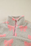 Gray Bow Sherpa Quarter Zip Drop Shoulder Baggy Sweatshirt