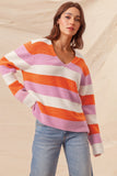 Orange Stripe Colorblock V Neck Casual Sweater