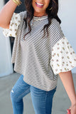 Green Stripe Floral Puff Sleeve Patchwork Round Neck Loose Top