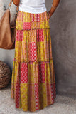 Orange Tiered Paisley Print Pocketed Maxi Skirt