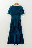 Velvet Short Sleeve Shirred Waist Tiered Maxi Dress