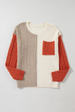 Rose Tan Colorblock Patched Pocket Drop Shoulder Sweater