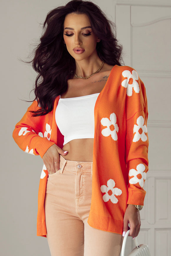 Orange Floral Print Knitted Open Front Loose Cardigan