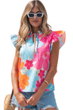Multicolour Vibrant Flower Printed Tie V Neck Ruffle Trim Sleeveless Blouse