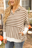 Plus Brown Stripe Quarter Buttons Drop Sleeve Hoodie