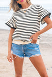 Black Stripe Scallop Lace Trim Ruffle Short Sleeves Crewneck Top