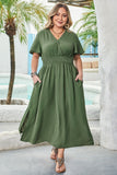Plus Four Leaf Clover Surplice Neckline Shirred High Waist Maxi Dress