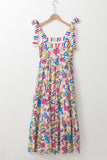 Rose Red Striped Trim Self-tie Straps Floral Maxi Dress