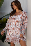 White Floral Print Sweetheart Neck Long Sleeve High Waist Mini Dress