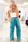 Lapis Mineral Wash Lace-up High Waist Raw Hem Patched Pocket Pants
