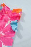 Multicolour Vibrant Flower Printed Tie V Neck Ruffle Trim Sleeveless Blouse